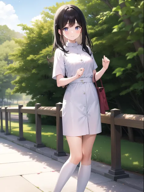 A girl taking a commemorative photo in the park。Smiling。Black Hair。White-based clothing