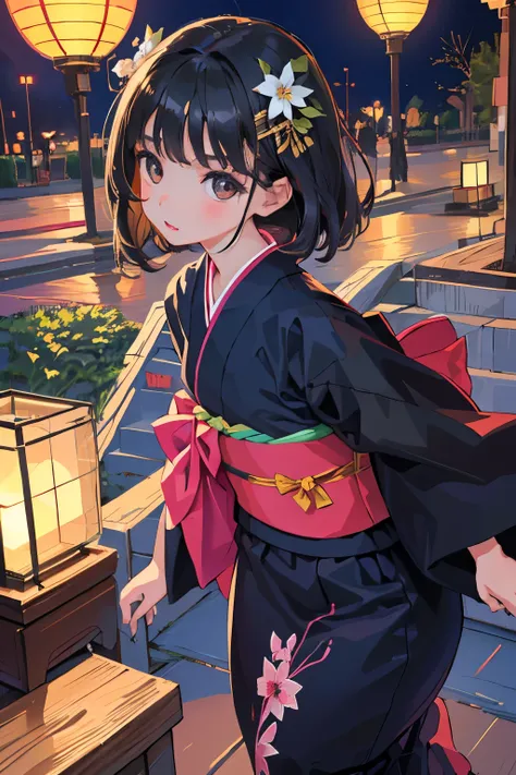 (child)，highest quality，Beautiful face in every detail，cute，Dark brown eyes，(背の低いcute女の子，Small young student，Young delicate girl）,（masterpiece，Top quality)，Black Hair，Sleepy expression，yukata