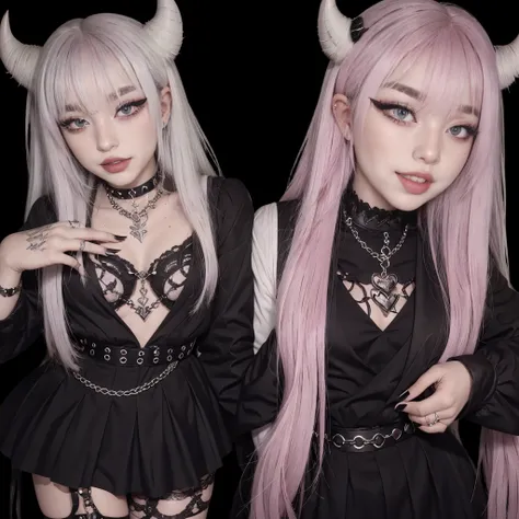 1girl, egirl, white hair, straight hair, freckles, devil horns, gothic dress, dog collar, eyeliner, mascara, eye shadow, smoky eyes, pink eyes, nose ring, smile, teeth, bedroom