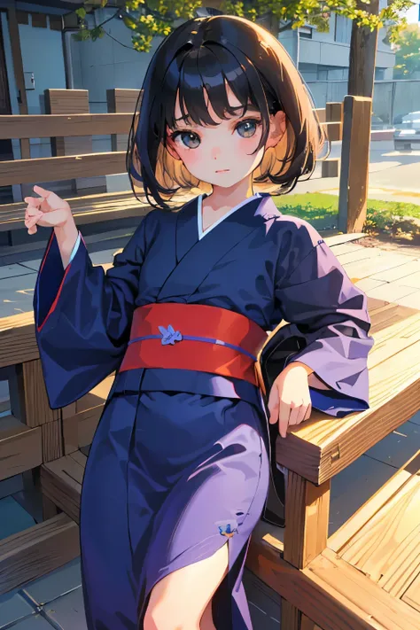 (child)，highest quality，Beautiful face in every detail，cute，Dark brown eyes，(背の低いcute女の子，Small young student，Young delicate girl）,（masterpiece，Top quality)，Black Hair，Sleepy expression，Light blue yukata