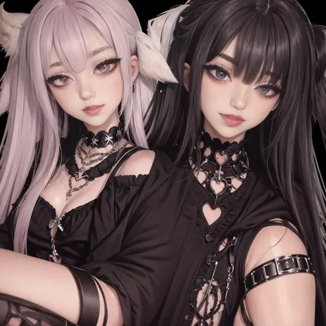 egirl, white hair, straight hair, freckles, devil horns, gothic dress, dog collar, eyeliner, mascara, eye shadow, smoky eyes, pi...