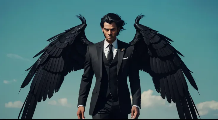 A person is on a dirt road, He is wearing a black suit with wings attached to his back. The wings are dark black and appear to be made of feathers.tall man, ancient demon, obsidian-like skin, raven short hair, big wings with black feathers, dark red noble ...