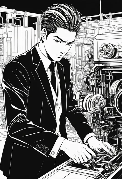 Black and white manga style a man in black suit using machine 