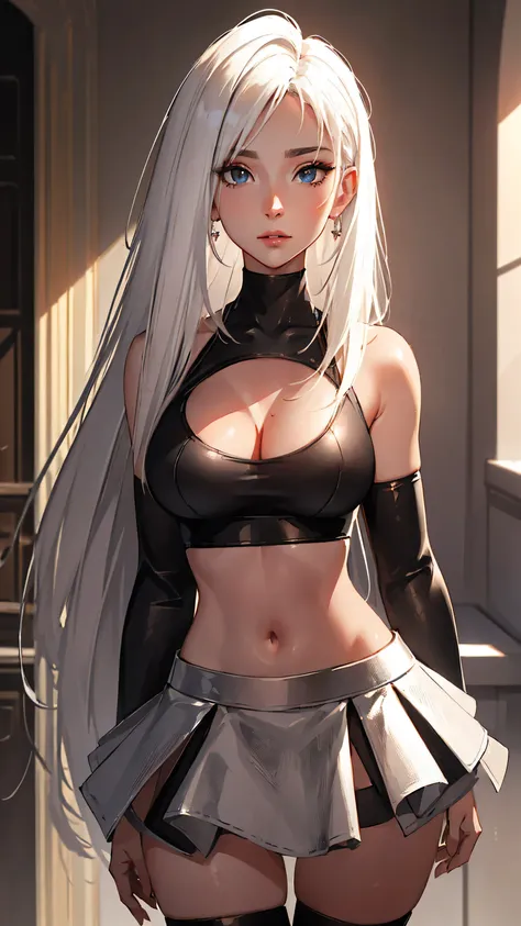 Highest Quality, ​masterpiece, beautifully detailed eyes,, shoulder length layered white Hair, Gradient Hair, metallic highlights in hair, medium breasts, standing, makeup, glossy lips, full lips, (natural lighting),midriff, collarbone, thigh highs, minisk...