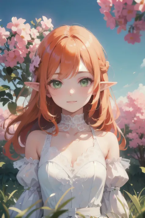 ((best quality)), ((masterpiece)), (detailed), perfect face, elf, young, girl, orange hair, long hair, green eyes, lilac dress, flowers, pink flowers, happy, sunny, green grass, lawn, white lace choker, romantic, soft smile, looking at viewer, portrait, pu...