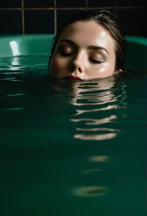 dark photo, a evocative extreme closeup of the face of a beautiful 25-year-old woman with her eyes closed and partially submerged in the water of a dark green bathtub in a dark scene, dark water, reflections in the water, the head is mostly submerged, real...