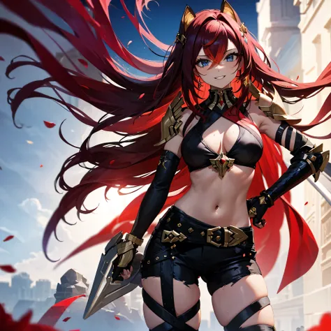 (One person) Dehya with red hair, attractive body, sexy light armor, smiling