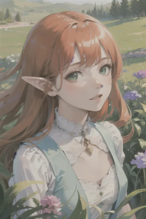 ((best quality)), ((masterpiece)), (detailed), perfect face, elf, young, girl, orange hair, long hair, green eyes, lilac colored dress, flowers, pink flowers, happy, sunny, green grass, lawn, white lace choker, romantic, soft smile, looking at viewer, port...