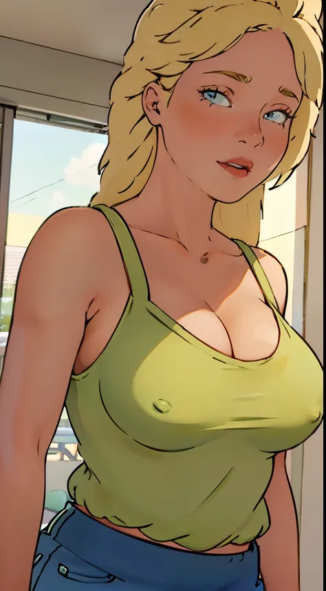 Blonde hair, detailed eyes, large breasts,  detailed nipples, busty, cleavage, camisole, shorts, (pov, close shot)