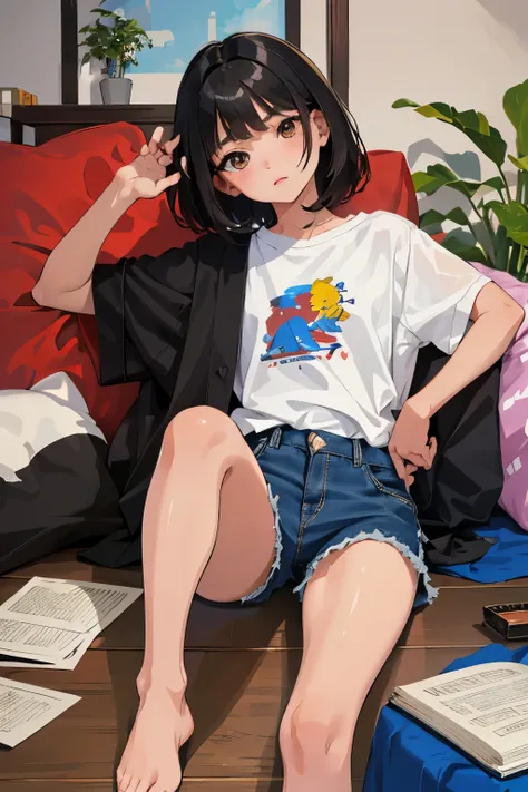 (child)，highest quality，Beautiful face in every detail，cute，Dark brown eyes，(背の低いcute女の子，Small young student，Young delicate girl）,（masterpiece，Top quality)，Black Hair，Sleepy expression，Short sleeve，Short jeans