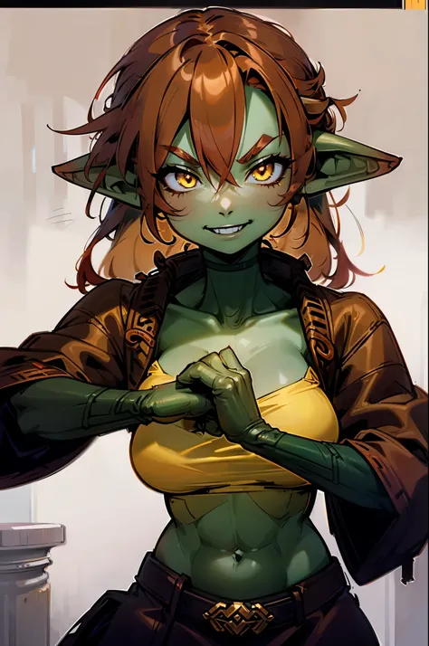 (((1 goblin woman))), ((detailed yellow eyes)), ((red hair)), large breasts, muscular body, monk robes, playful smile, ((fist in hand)), in a rocky wasteland, best quality, masterpiece, ultra-detailed