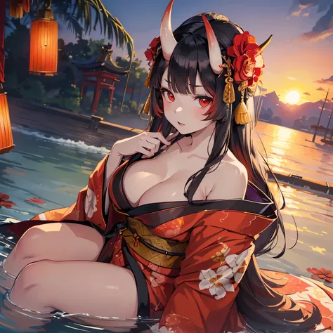 ((((((Solo)))))), ((pale girl)), oni horns, horns attached to forehead, (((red floral kimono))), ((kimono off shoulder)), long black hair, (beautiful red eyes), (sitting by water), looking up at viewer, (sunset),  (((mature woman))), (((mature))), ((large ...