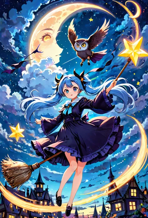 Light blue long hair、Twin tails、1 girl,Flying Witch,Broom ride,Night Sky,cloud,star,moon,Shine,Rich colors,Cast colorful spells,Magical Effects,detailed,beautiful,masterpiece、The owl is watching、The witch is in the center, large