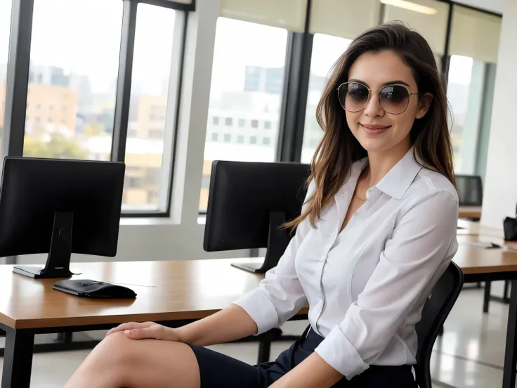 Close realista ,linda mulher ,sala de estar Mulher executiva esperando seu cliente, woman in sunglasses in a natural light location outside her office, leve sorriso e saia.postura diferente da mulher. saia muito formal. postura diferente da mesma mulher.