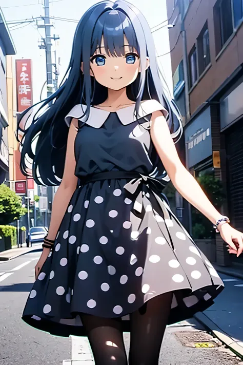 yachiyo nanami, blue hair, jewelry, long hair, dress, bracelet, polka dot, polka dot dress, blue eyes, pantyhose, black dress, b...