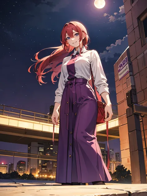 anime woman, redhead somewhat pinkish hair, ponytails, smiling, happy, looking at the viewer wearing purple dress with white t-shirt, in the city, at night, subway at background, park, full moon, dynamic lights, anime style, digital art, 8k