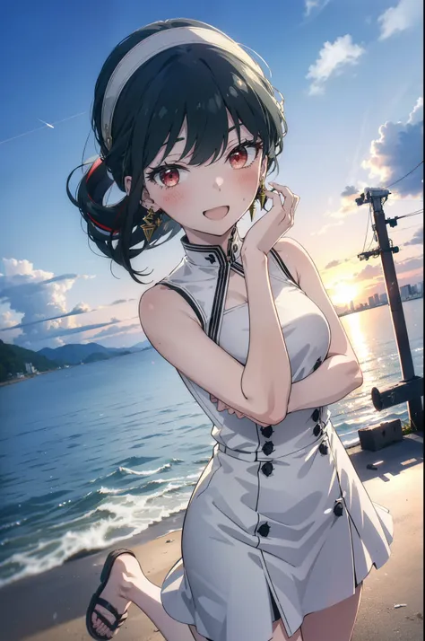 Your thorns, One girl, blush, Black Hair,Red eyes, hair band, jewelry, Earrings, happy smile, smile, Open your mouth, Black sleeveless dress,Bare arms,Long skirt,Cute Sandals,whole bodyがイラストに入るように,morning,morning陽,The sun is rising,
break looking at viewer...