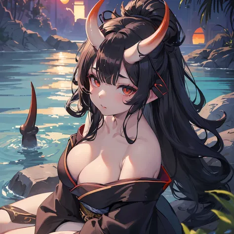 ((((((Solo)))))), ((pale girl)), oni horns, horns attached to forehead, (((black kimono))), ((kimono off shoulder)), long black hair, (beautiful black eyes), (sitting by water), looking up at viewer, (sunset sky),  (((mature woman))), (((mature))), ((large...