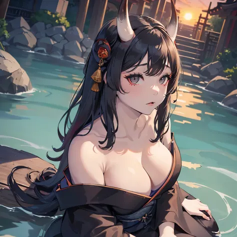 ((((((Solo)))))), ((pale girl)), oni horns, horns attached to forehead, (((black kimono))), ((kimono off shoulder)), long black hair, (beautiful black eyes), (sitting by water), looking up at viewer, (sunset sky),  (((mature woman))), (((mature))), ((large...