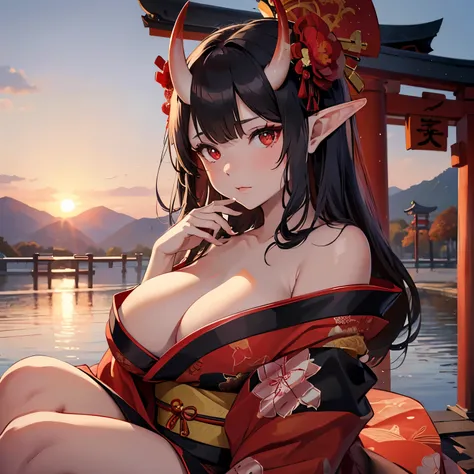 ((((((Solo)))))), ((pale girl)), horns attached to forehead, (((red floral kimono))), ((kimono off shoulder)), long black hair, (beautiful red eyes), (sitting by water), looking up at viewer, (sunset),  (((mature woman))), (((mature))), ((large breasts)), ...