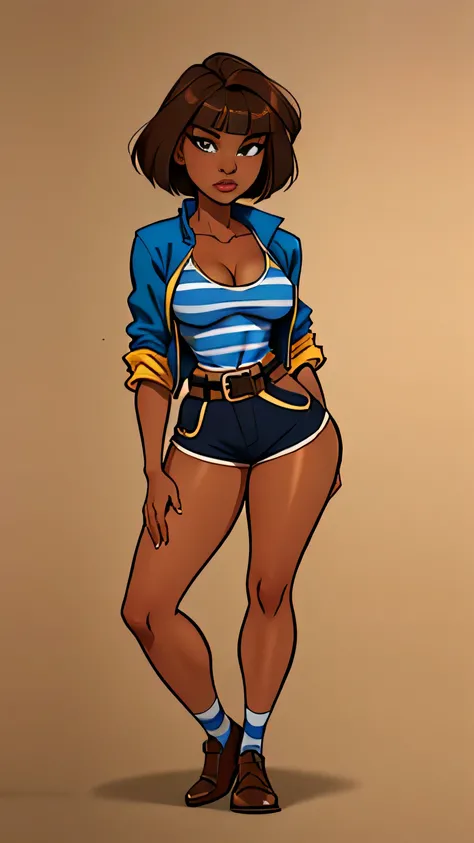 Talia has waist brown hair with straight bangs, dark skin, and amber eyes. She usually wears a white and dark blue striped top with a blue jacket rolled up at the elbows, tan shorts with a blue sash belt, and brown shoes with gold buckles.



