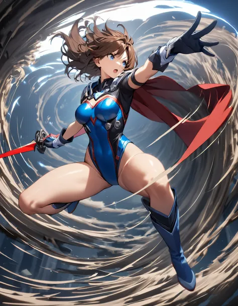 1girl, solo, solo focus, female superhero, medium breasts, leotard, red and blue leotard, bare legs, boots, matching boots, gloves, matching gloves, brown hair, blue-grey eyes, full body. (she spins) at an ((incredible speed)), creating a whirlwind of air ...