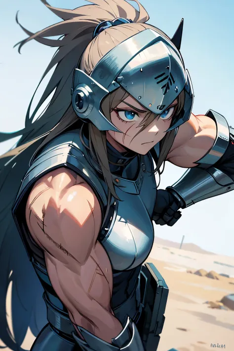 Anime woman in steel armor, wearing helmet, muscular, fierce, scars