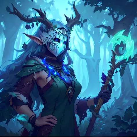 a close up of a woman with a horned head and a staff, druid portrait, world of warcraft elven druid, portrait of a forest mage, ...