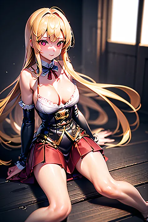 14 year old girl with big breasts wearing maid uniform (Gothic style) Torn Skirt、Golden body proportions、disheveled blonde hair (Inward-splayed feet) (Highly Detailed CG Unity 8K Wallpaper) Big Breasts、Torn Skirt、Red-faced and shy, Complex, Detailed, Accur...