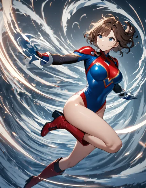 1girl, solo, solo focus, female superhero, medium breasts, leotard, red and blue leotard, bare legs, boots, matching boots, gloves, matching gloves, brown hair, blue-grey eyes, full body. (she spins) at an (incredible speed), creating a whirlwind of air ar...