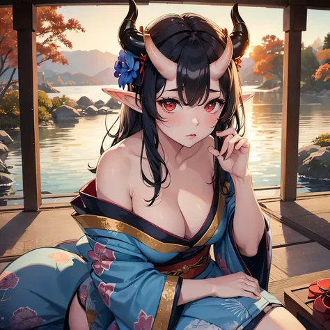 ((((((Solo)))))), ((pale girl)), horns attached to forehead, (((blue floral kimono))), ((kimono off shoulder)), long black hair, (beautiful red eyes), (sitting by water), looking up at viewer, (sunset),  (((mature woman))), (((mature))), ((large breasts)),...