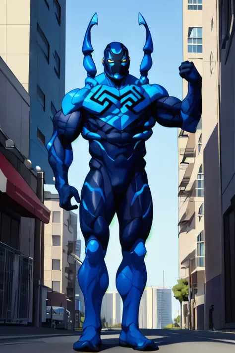 (full body), ((masterpiece,best quality)), (soft shading), absurdres, Blue_Beetle_DC, muscular, macro in city