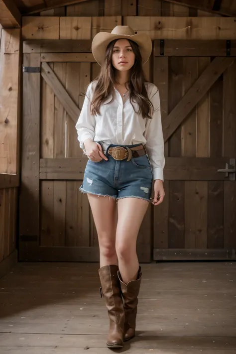 ((best quality)), ((masterpiece)), (detailed), perfect facefull body portrait woman, denim shorts, cowboy hat, big belt buckle, cowboy boots, post by a rustic barn