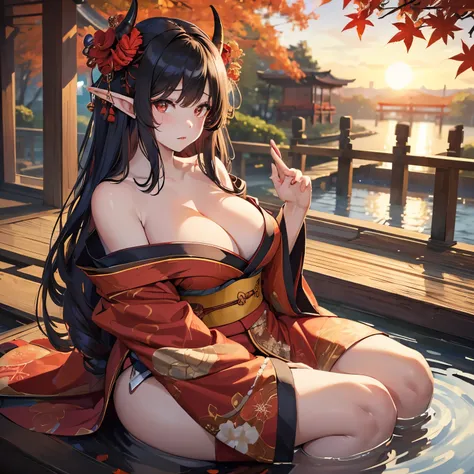 ((((((Solo)))))), ((pale girl)), horns attached to forehead, (((red floral kimono))), ((kimono off shoulder)), long black hair, (beautiful red eyes), (sitting by water), looking up at viewer, (sunset),  (((mature woman))), (((mature))), ((large breasts)), ...