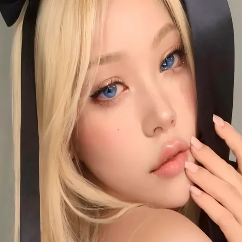 blond haired girl with blue eyes and a black bow on her head, roseanne park of blackpink, popular south korean makeup, popular korean makeup, pale porcelain white skin, lalisa manobal, beautiful aesthetic face, blonde hair and large eyes, blackpink jennie,...