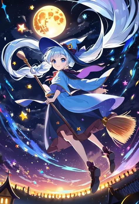 Light blue long hair、Twin tails、1 girl,Flying Witch,Broom ride,Night Sky,cloud,star,moon,Shine,Rich colors,Cast colorful spells,Magical Effects,detailed,beautiful,masterpiece、The owl is watching、The witch is in the center, big