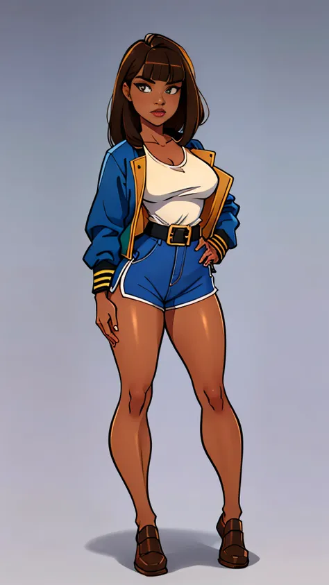 Talia has waist brown hair with straight bangs, dark skin, and amber eyes. She usually wears a white and dark blue striped top with a blue jacket rolled up at the elbows, tan shorts with a blue sash belt, and brown shoes with gold buckles.



