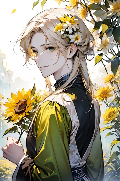 (old male:1.45)、(masterpiece、highest quality、highest quality、Beautiful and beautiful:1.2)、(Good anatomy:1.5)、Painting of a male with milky blonde long hair、(long hair:1.4)、Shy smile、Sparkling Eyes、dark eyes、looking at the camera、Emerging from among the flo...