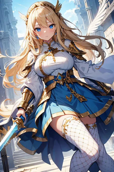 4k,High resolution,One Woman,Blonde,long hair,Braid,Blue Eyes,Big Breasts,Valkyrie,White sacred armor,Full Armor,Heavy Armor,white glove,White shoes,Fishnet tights,Winged headgear,Gold decoration,Jewelry decoration,Great Holy Sword,Holy Shield,Temple in th...