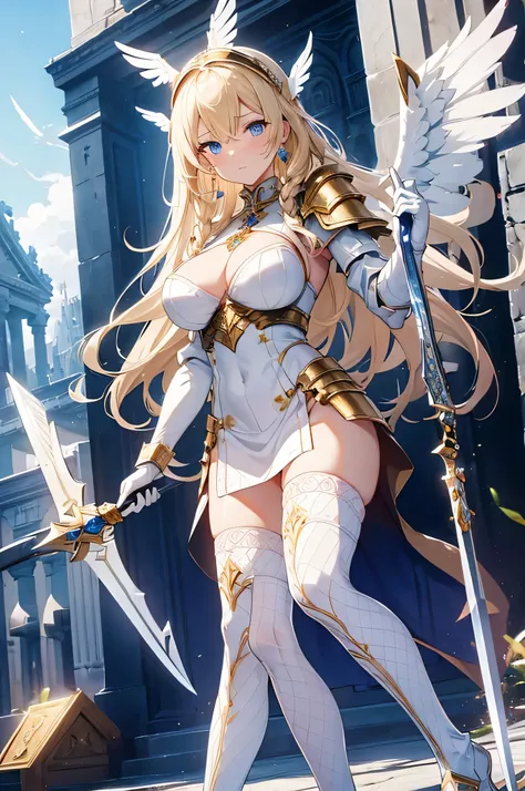 4k,High resolution,One Woman,Blonde,long hair,Braid,Blue Eyes,Big Breasts,Valkyrie,White sacred armor,Full Armor,Heavy Armor,white glove,White shoes,Fishnet tights,Winged headgear,Gold decoration,Jewelry decoration,Great Holy Sword,Temple in the Sky