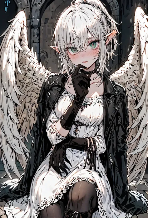 solo, female, sfw, warm, harem, medieval, harpy, large wings, wings, short, shy, dazed, unsure, emerald eyes, thick lashes, short hair, half tied ponytail hair, worn clothes, white dress, thin, shy pose, medium shot, claws, white scales on hands, ruffled f...