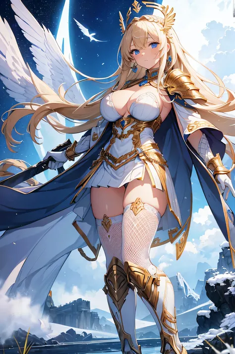 4k,High resolution,One Woman,Blonde,long hair,Braid,Blue Eyes,Big Breasts,Valkyrie,White sacred armor,Full Armor,Heavy Armor,white glove,White shoes,Fishnet tights,Winged headgear,Gold decoration,Jewelry decoration,Great Holy Sword,Temple in the Sky