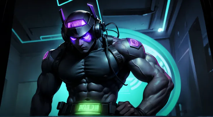 brainwashing, muscle drone, muscle growth, hypnotic visor, glowing headset, soldier, focused eye, obedience training, male