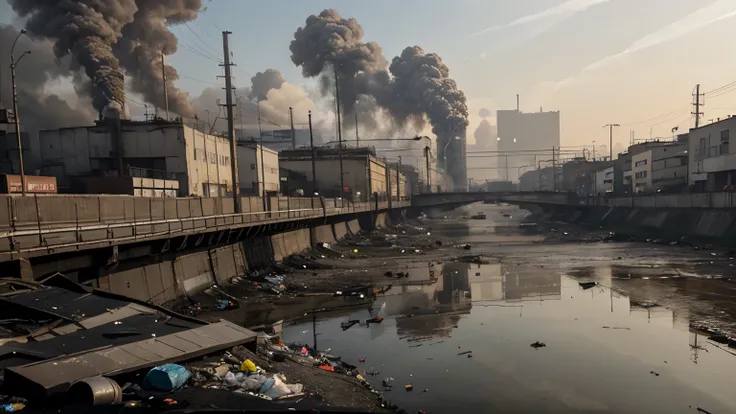 A polluted landscape with factories belching smoke and a polluted river full of garbage