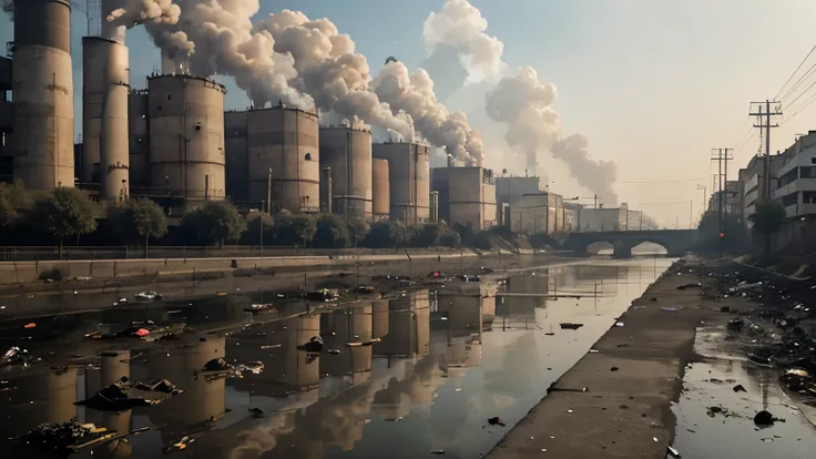 A polluted landscape with factories belching smoke and a polluted river full of garbage