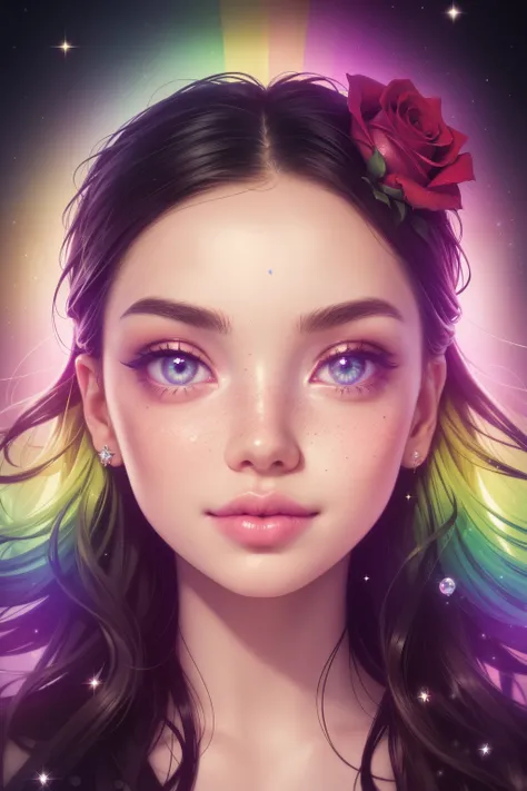 (This is a beautiful rainbow fantasy image that feels interesting and emphasizes glitter and iridescence.) Generate a ((blind)) curvy woman with colorful curly hair and milky eyes. Her face is important and is perfectly formed with puffy lips and perfect f...