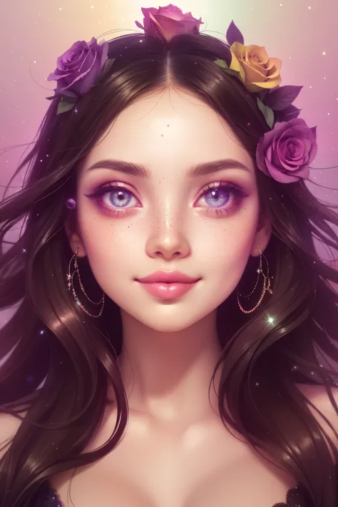 (This is a beautiful rainbow fantasy image that feels interesting and emphasizes glitter and iridescence.) Generate a ((blind)) curvy woman with colorful curly hair and milky eyes. Her face is important and is perfectly formed with puffy lips and perfect f...