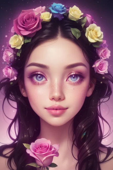 (This is a beautiful rainbow fantasy image that feels interesting and emphasizes glitter and iridescence.) Generate a ((blind)) curvy woman with colorful curly hair and milky eyes. Her face is important and is perfectly formed with puffy lips and perfect f...
