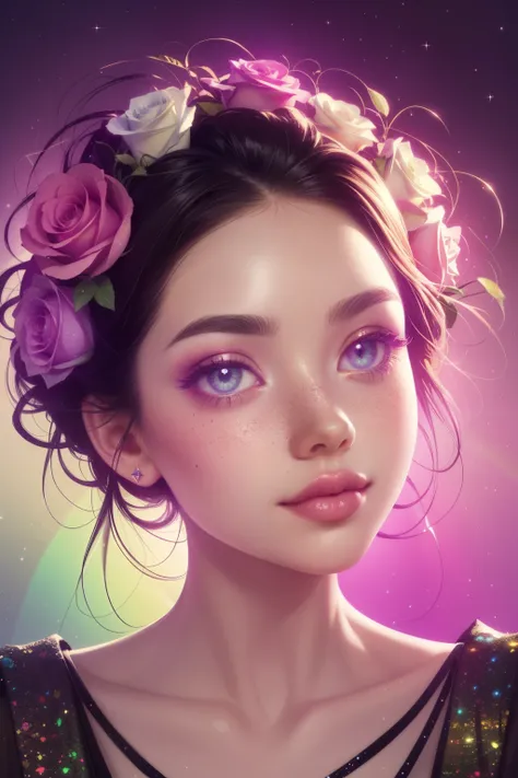 (This is a beautiful rainbow fantasy image that feels interesting and emphasizes glitter and iridescence.) Generate a ((blind)) curvy woman with colorful curly hair and milky eyes. Her face is important and is perfectly formed with puffy lips and perfect f...