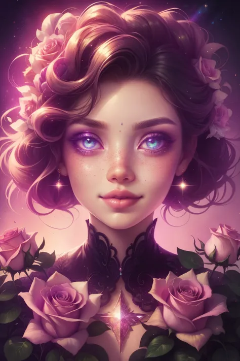 (This is a beautiful rainbow fantasy image that feels interesting and emphasizes glitter and iridescence.) Generate a ((blind)) curvy woman with colorful curly hair and milky eyes. Her face is important and is perfectly formed with puffy lips and perfect f...